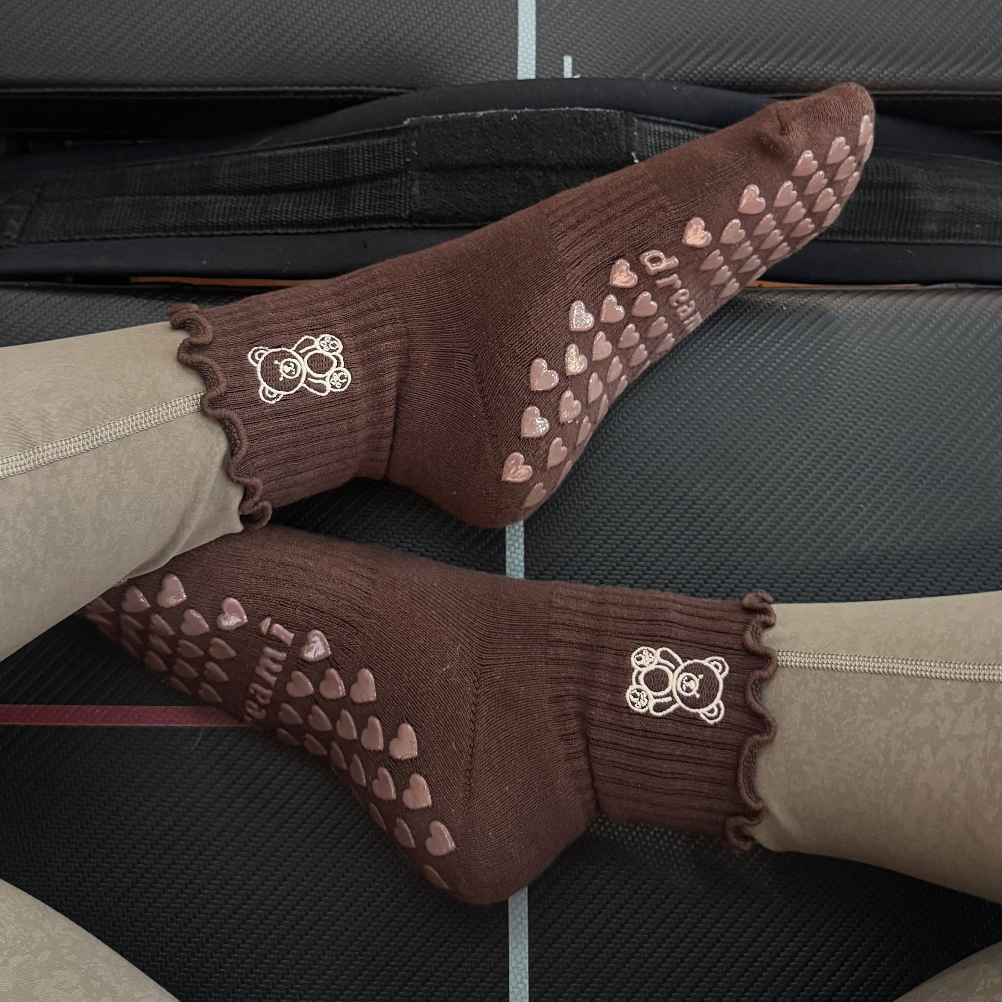 Brown grip socks with teddy bear embroidered design